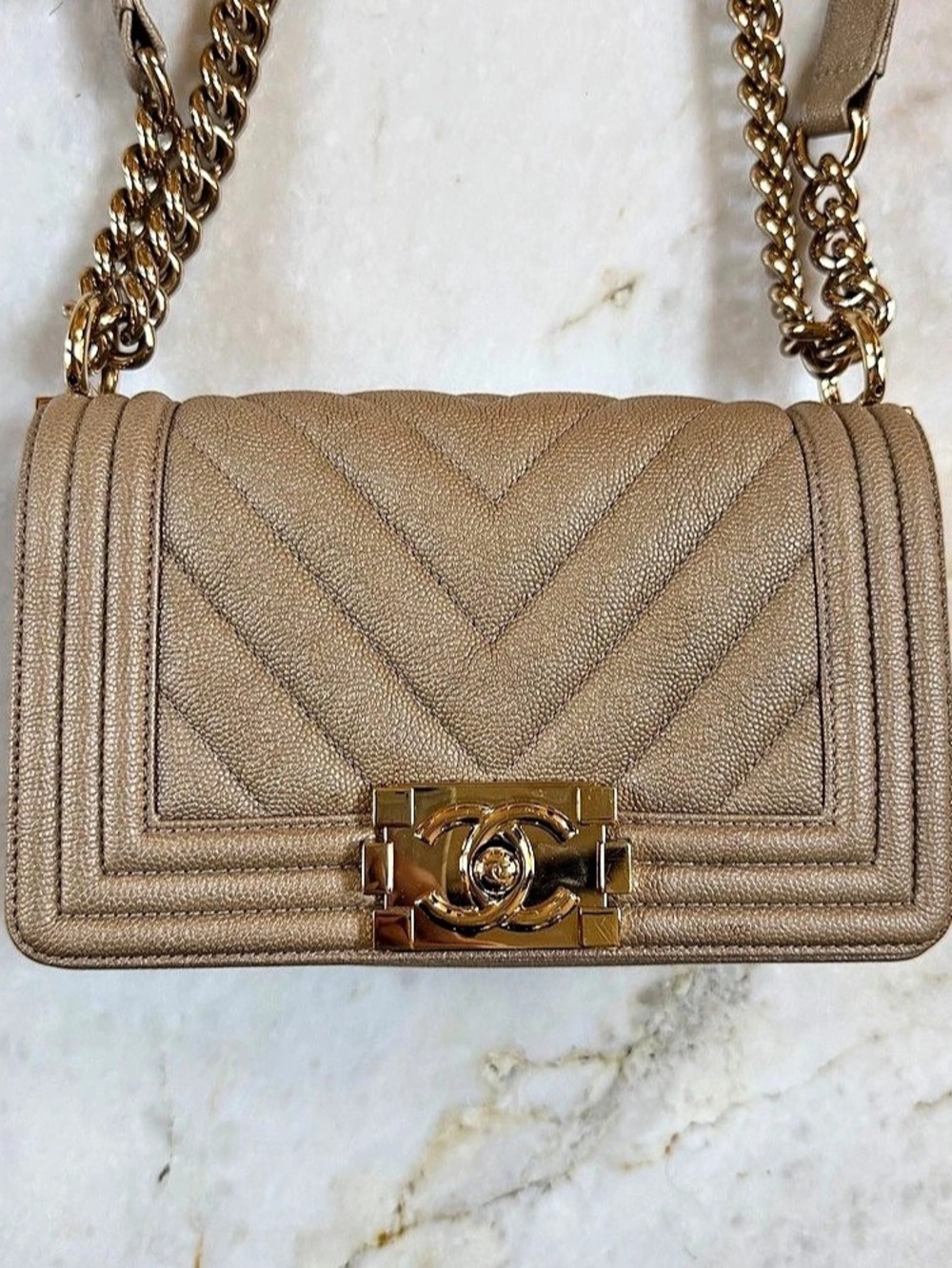 Authentic Chanel Boy Flap Bag Chevron Caviar Medium champagne Brown Shoulder Bag